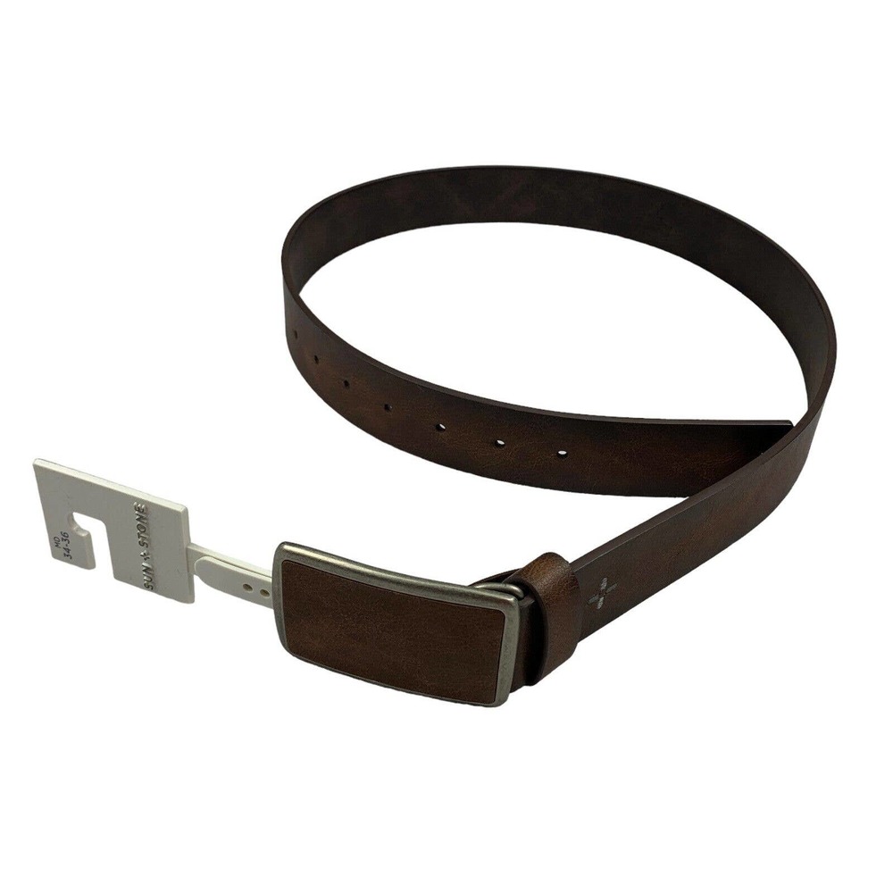Sun + Stone Mens Faux Leather Plaque Buckle Belt Brown M 34-36